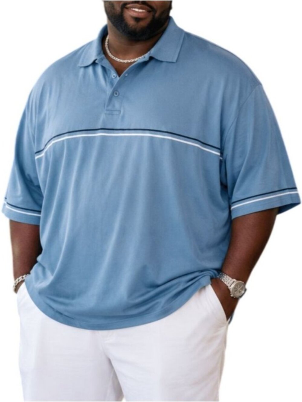 Faded Glory Mens Plus Size 2XL Polo Blue Striped Casual Short Sleeve Shirt